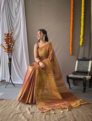 Original Tissue Silk Sarees Having Mango Border Having Chit Pallu With Jhalar Saree 3