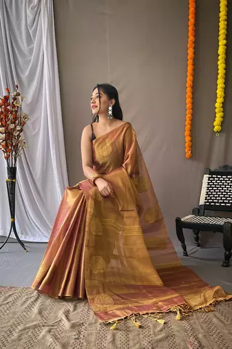 Original Tissue Silk Sarees Having Mango Border Having Chit Pallu With Jhalar Saree