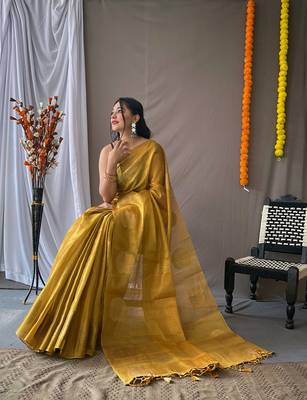 Original Tissue Silk Sarees Having Mango Border Having Chit Pallu With Jhalar Saree 3