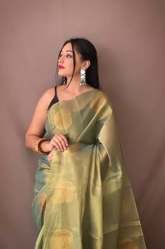 Original Tissue Silk Sarees Having Mango Border Having Chit Pallu With Jhalar Saree