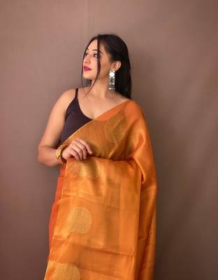 Original Tissue Silk Sarees Having Mango Border Having Chit Pallu With Jhalar Saree 3