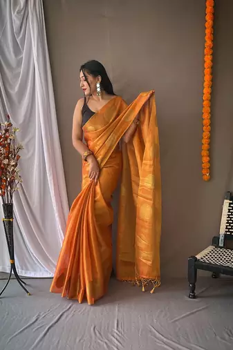Original Tissue Silk Sarees Having Mango Border Having Chit Pallu With Jhalar Saree