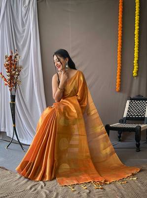 Original Tissue Silk Sarees Having Mango Border Having Chit Pallu With Jhalar Saree 1