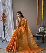 Original Tissue Silk Sarees Having Mango Border Having Chit Pallu With Jhalar Saree