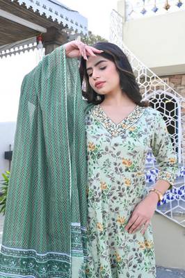 Multi color cotton  embriodery  mirror lace work anarkali  kurti pant dupatta  set 3