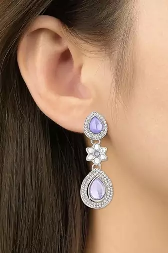 silver plated traditional stone & beads tear drop earrings for women 