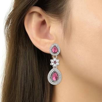silver plated traditional stone & beads tear drop earrings for women  3