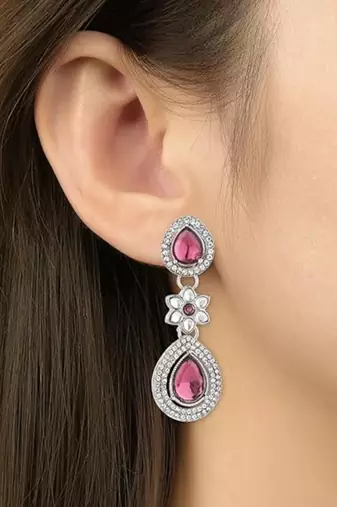 silver plated traditional stone & beads tear drop earrings for women 