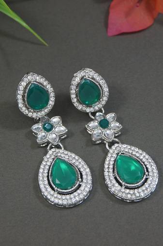 silver plated traditional stone & beads tear drop earrings for women 