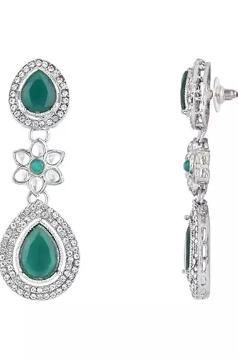 silver plated traditional stone & beads tear drop earrings for women 