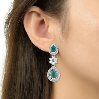 silver plated traditional stone & beads tear drop earrings for women  3