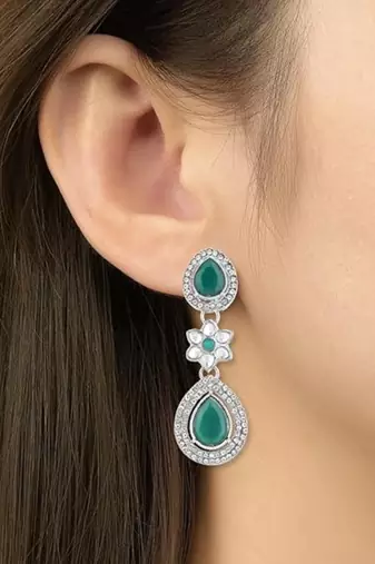silver plated traditional stone & beads tear drop earrings for women 