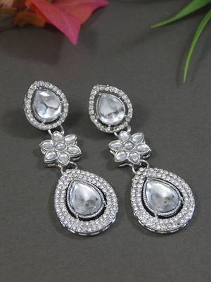 silver plated traditional stone & beads tear drop earrings for women  1