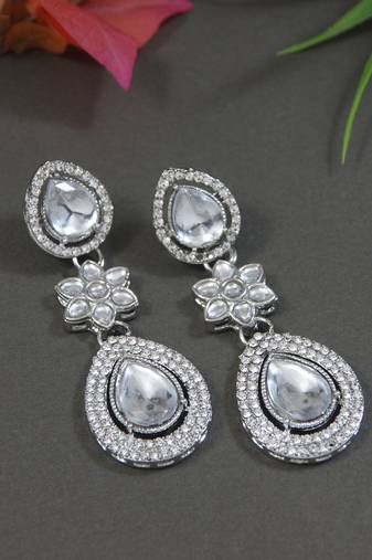 silver plated traditional stone & beads tear drop earrings for women 