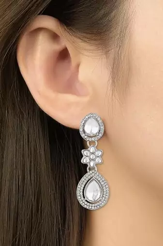 silver plated traditional stone & beads tear drop earrings for women 