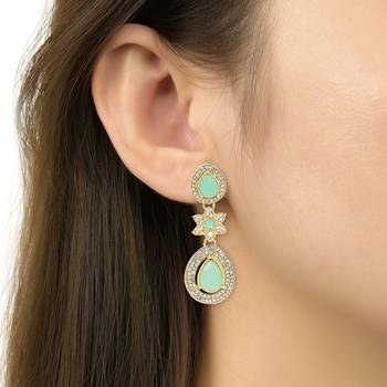 gold plated traditional stone & beads tear drop earrings for women  3