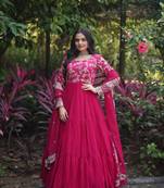 Pink georgette jacquard with sequins flaried designer gown with dupatta