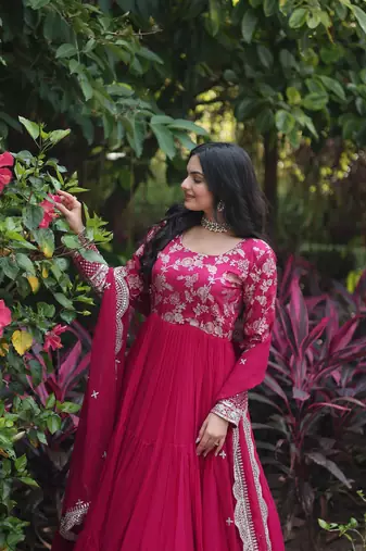 Pink georgette jacquard with sequins flaried designer gown with dupatta