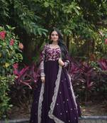 Wine georgette jacquard with sequins flaried designer gown with dupatta