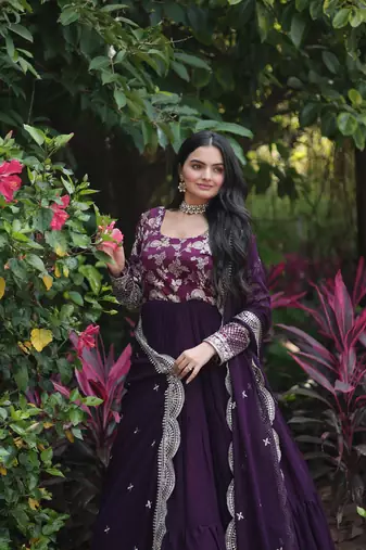 Wine georgette jacquard with sequins flaried designer gown with dupatta