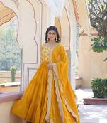 Yellow georgette jacquard with sequins flaried designer gown with dupatta