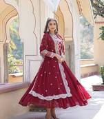 Maroon georgette jacquard with sequins flaried designer gown with dupatta