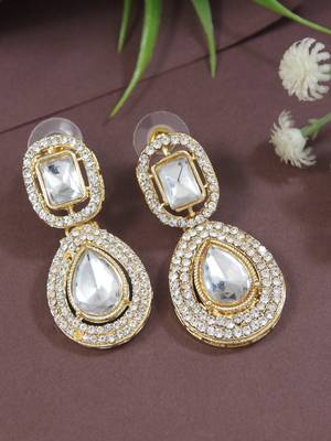 gold plated traditional stone & beads tear drop earrings for women  1