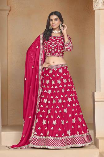 Rani Pink Organza Heavy Thread Embroidery With Sequins Work Lehenga Choli