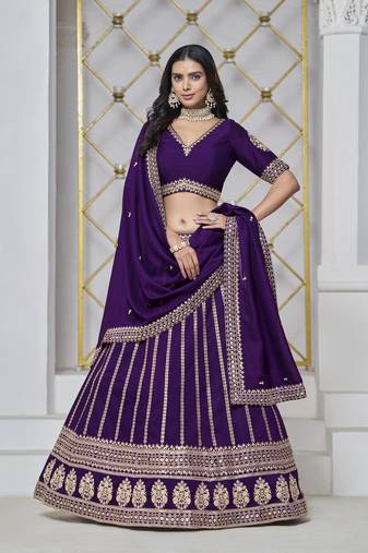 Violet Art Silk Heavy Thread Embroidery With Sequins Work Lehenga Choli