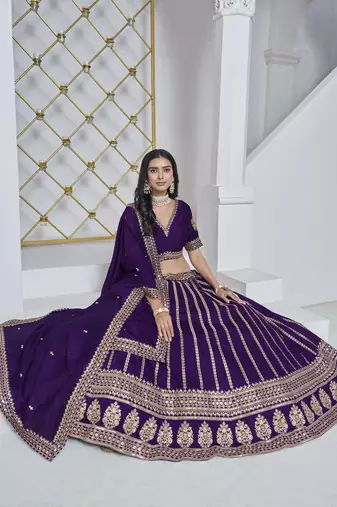Violet Art Silk Heavy Thread Embroidery With Sequins Work Lehenga Choli