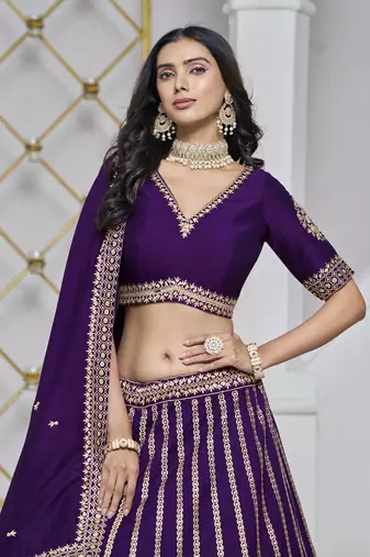 Violet Art Silk Heavy Thread Embroidery With Sequins Work Lehenga Choli