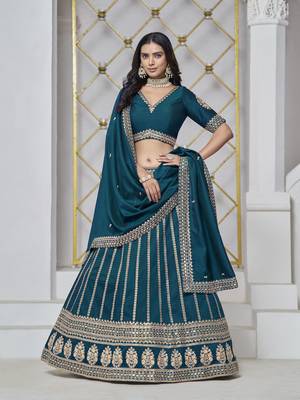 Teal Art Silk Heavy Thread Embroidery With Sequins Work Lehenga Choli 1