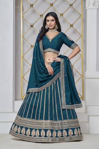 Teal Art Silk Heavy Thread Embroidery With Sequins Work Lehenga Choli