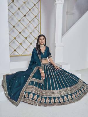 Teal Art Silk Heavy Thread Embroidery With Sequins Work Lehenga Choli 2