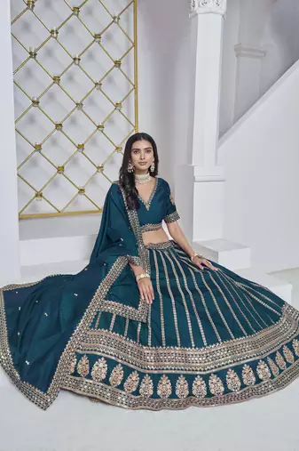 Teal Art Silk Heavy Thread Embroidery With Sequins Work Lehenga Choli