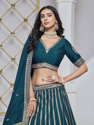 Teal Art Silk Heavy Thread Embroidery With Sequins Work Lehenga Choli 4