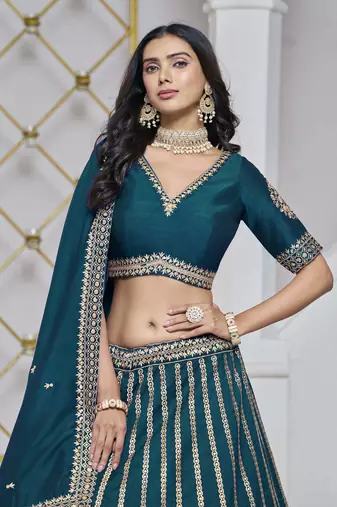 Teal Art Silk Heavy Thread Embroidery With Sequins Work Lehenga Choli
