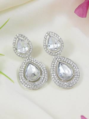 silver plated traditional stone & beads tear drop earrings for women  1