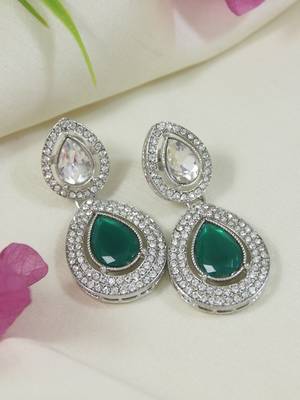 silver plated traditional stone & beads tear drop earrings for women  1