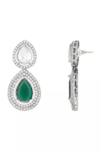 silver plated traditional stone & beads tear drop earrings for women 