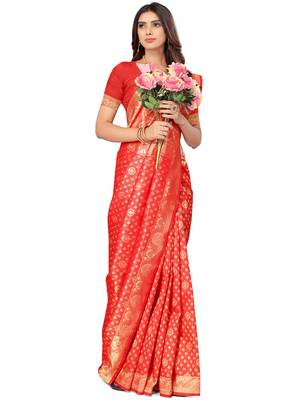 Red kota lichi golden zari ethnic motif banarasi contemporary woven design saree with running blouse piece 1