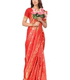 Red kota lichi golden zari ethnic motif banarasi contemporary woven design saree with running blouse piece