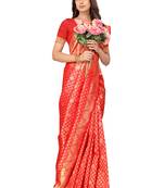 Red kota lichi golden zari ethnic motif banarasi contemporary woven design saree with running blouse piece