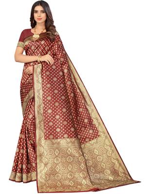 Maroon kota lichi golden zari ethnic motif banarasi contemporary woven design saree with running blouse piece 1
