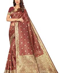 Maroon kota lichi golden zari ethnic motif banarasi contemporary woven design saree with running blouse piece