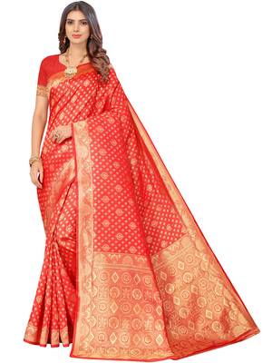 Red kota lichi golden zari ethnic motif banarasi contemporary woven design saree with running blouse piece 1