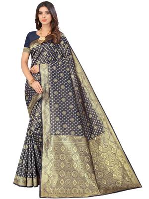 Navy blue kota lichi golden zari ethnic motif banarasi contemporary woven design saree with running blouse piece 1