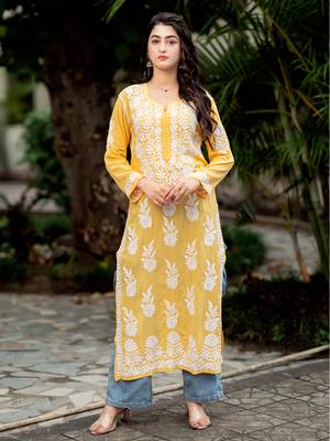 Yellow hand embroidery modal chikankari straight kurti 1