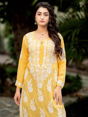 Yellow hand embroidery modal chikankari straight kurti 2