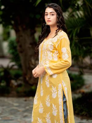 Yellow hand embroidery modal chikankari straight kurti 3